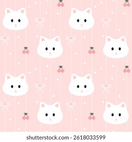Cat, Cherry, Bow, On pink Background, Polka Dot, Fabric Pattern,Gift Wrapping Paper, Seamless Pattern