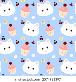 Cat, Cherry Cupcake on Blue Background, Cartoon Pattern, Fabric Pattern, Gift Wrapping Paper, Notebook Cover , seamless pattern 