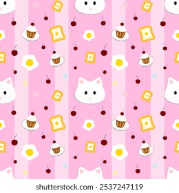 Katze, Kirsche, Cupcake auf rosafarbenem Hintergrund mit rosafarbenen Linien, Umhüllungspapier, Stoffmuster, Notebook-Umschlagmuster