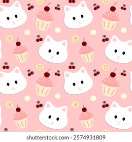 Cat, Cherry Cupcake on pink Background, Cartoon Pattern, Fabric Pattern, Gift Wrapping Paper, Notebook Cover , seamless pattern 