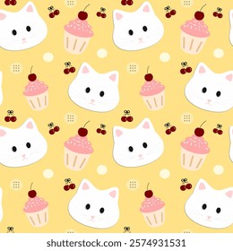 Cat, Cherry Cupcake on yellow Background, Cartoon Pattern, Fabric Pattern, Gift Wrapping Paper, Notebook Cover , seamless pattern 