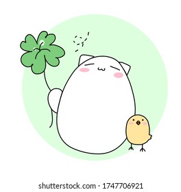 Cat and chick with clover leaf