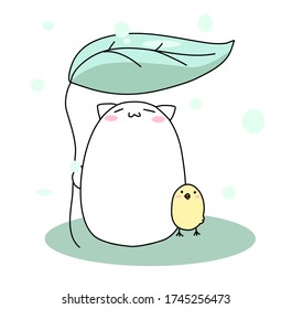 Cat and chick with leaf umbrella