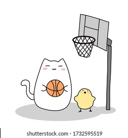 Cat and chick play basketball