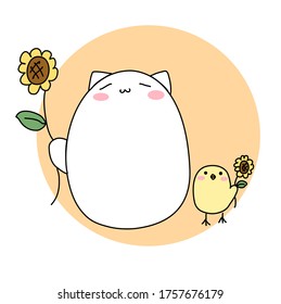 Gato y polluelo con girasol