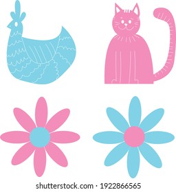 The cat and the chicken. Vector illustration. Pink and Blue.
