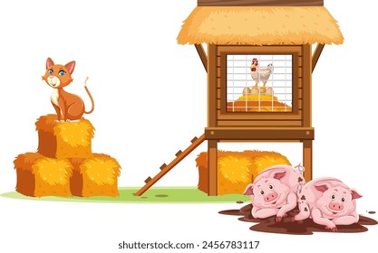 Cat, chickens, and pigs in a farm setting.