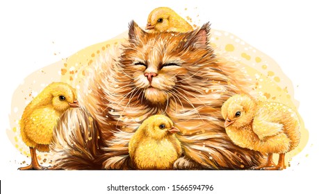 
Cat with chickens. Wall sticker. Artistic, color, hand-drawn image of a happy fluffy cat surrounded by small yellow chickens in a watercolor style on a white background.