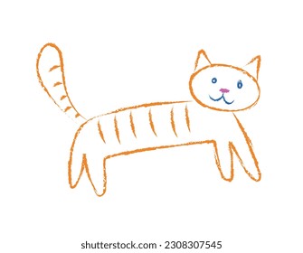 Katzenkindzeichnung. Orange minimalistische Haustiersilhouette. Kätzchen und Haustierskizze von Kindern. Poster oder Banner für die Website. Lineare flache Vektorgrafik einzeln auf weißem Hintergrund