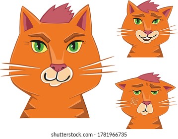 Cat in the children's style. Portrait of a red cat in different moods: joy and sadness. 
