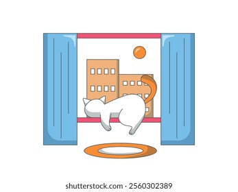 Cat chilling out at the window watching the scenery outside, house pet. Character design. Vector flat illustration