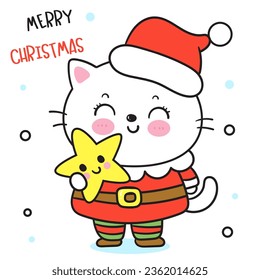 Cat Christmas cartoon with magic star (happy new year kids) animal kawaii kitten vector for fairy tale book. Perfect make a wish for winter festival, celebration party children, princess party.