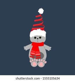 Cat in christmas costume illustration on the blue background. Vector illustration