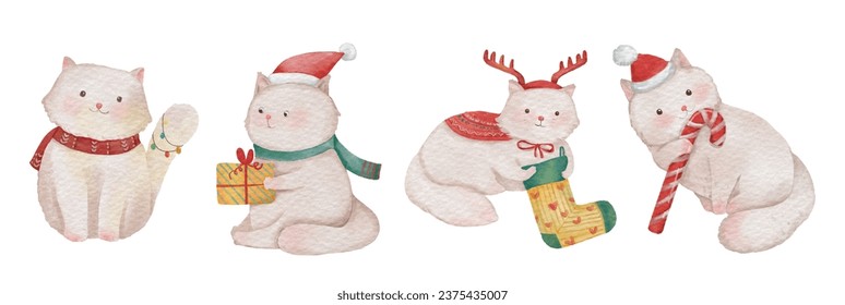 Cat with christmas costume . Watercolor paint cartoon characters . Set 1 of 5 . Vector .