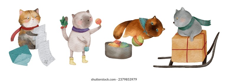 Cat with christmas costume . Watercolor paint cartoon characters . Set 4 of 5 . Vector .