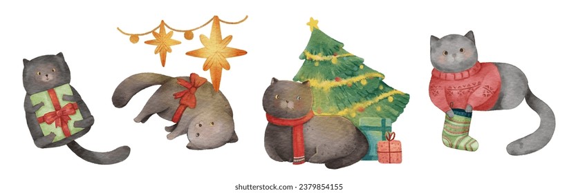 Cat with christmas costume . Watercolor paint cartoon characters . Set 5 of 5 . Vector .