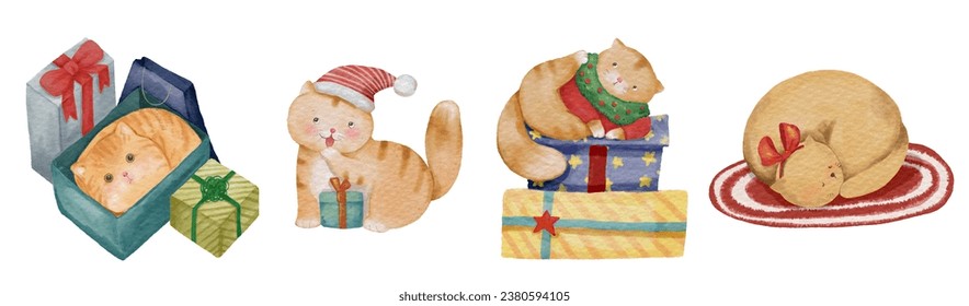 Cat with christmas costume . Watercolor paint cartoon characters . Set 2 of 5 . Vector .