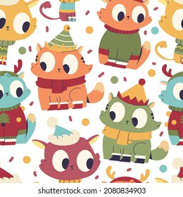Cat in Christmas costumes vector cartoon seamless pattern background for wallpaper, wrapping, packing, and backdrop.