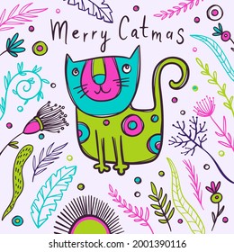 CAT CHRISTMAS FUNNY CARD Cute Kitten Dreams Among Flowers Multicolored New Year Handwritten Text Cartoon Hand Drawn Abstract Vector Illustration Set For Print