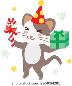 A cat with Christmas gift box and candy