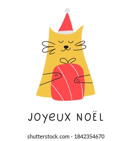 Cat with Christmas gift box. Inscription - Joyeux noël it's mean merry Christmas in French. 