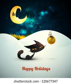 Cat with Christmas Globe alone in the snow under moonlight | Layered EPS10 Vector Background