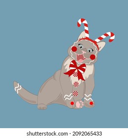 Cat in christmas hat with candy cane. Merry Christmas and Happy New Year greeting card.