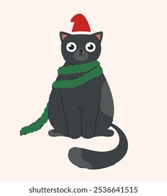 Katze mit Weihnachtsmütze. Flache Vektorgrafik.