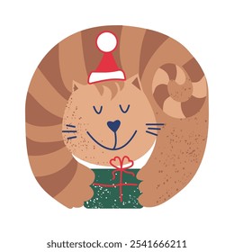Cat with Christmas hat and gift. Festive Christmas or winter greeting card. Hand drawn vector illustration