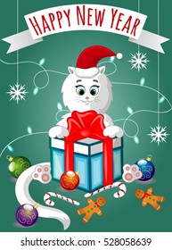 Cat in Christmas Hat with Gift, Happy New Year, Vector Illustration EPS 10, Holiday