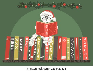 Cat in Christmas hat reading book. Bookshelf with white cat reading book. Christmas vector illustration.