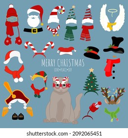 Cat in christmas hats and costumes for design. Flat design illustration