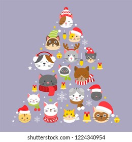 cat Christmas icon wearing winter and christmas costume arrange as Christmas tree shape illustration in flat design.