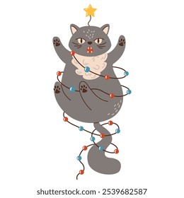 Cat in Christmas light garland flat color vector character. Naughty cat entangled in winter holiday decor illustration on white background