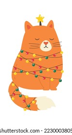 Cat with Christmas lights flat icon Cute pet playing