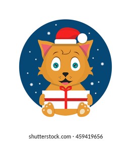 Cat with Christmas present flat illustration