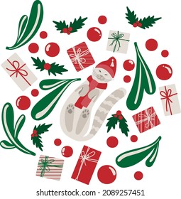Cat with Christmas presents and decorations. Set of New Year decoration items. Vector illustration.