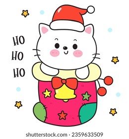 Cat Christmas santa cartoon in sock. X mas card (happy new year kids) animal kawaii vector for fairy tale book. Perfect make a wish for winter festival, celebration party children, princess party.