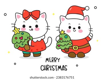 Cat Christmas santa cartoon with xmas tree (happy new year kids) animal kawaii kitten vector for fairy tale book. Perfect make a wish for winter festival, celebration party children, princess party.