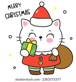 Cat Christmas santa cartoon with xmas bag and gift (happy new year kids) animal kawaii kitten vector for fairy tale book. Perfect make a wish for winter festival, celebration party children, princess.