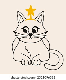 Cat with Christmas star headband. Cute animal in doodle style.