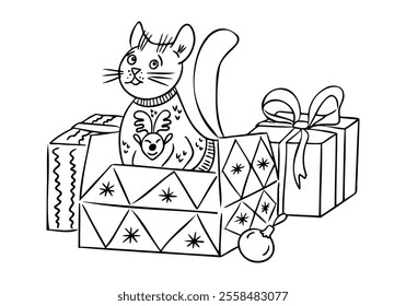 Cat in Christmas sweater sitting among decorative gift boxes and holiday ornaments, drawn in whimsical and playful doodle style. Vector hand drawn drawing isolated on white background