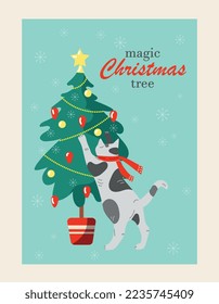 Cat with Christmas tree. Charming character played with ball on branch. Design for greeting and invitation card. Symbol of Christmas and New Year. Playful kitten. Cartoon flat vector illustration
