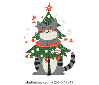 A cat in a Christmas tree costume. Cartoon Cat with Christmas Tree for a Festive and Joyful Holiday Theme Illustration. Vector illustration