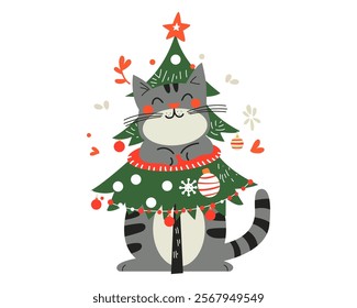 A cat in a Christmas tree costume. Vector illustration. EPS 10