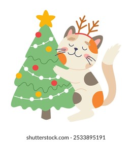 Cat with Christmas tree. Cute funny feline character. Vector illustration in flat style