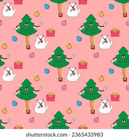 Cat and Christmas tree, eco cactus new year. 