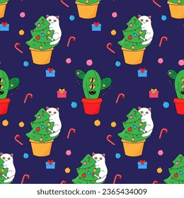 Cat and Christmas tree, eco cactus new year. 