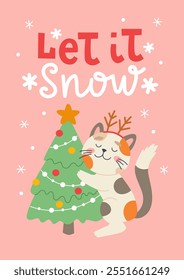 Cat with Christmas tree. Christmas feline card. Vector card design template