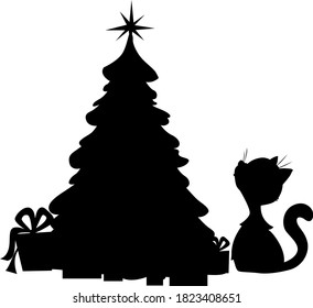 Cat and Christmas Tree - Silhouette Vector Illustration on White